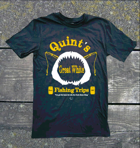 Jaws T-Shirt - Quint's Great White Shark Fishing Trips | Stealthy Giant